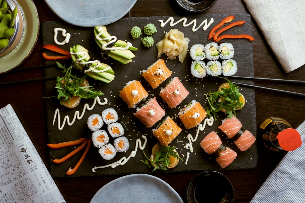 Top down photograph of sushi platter