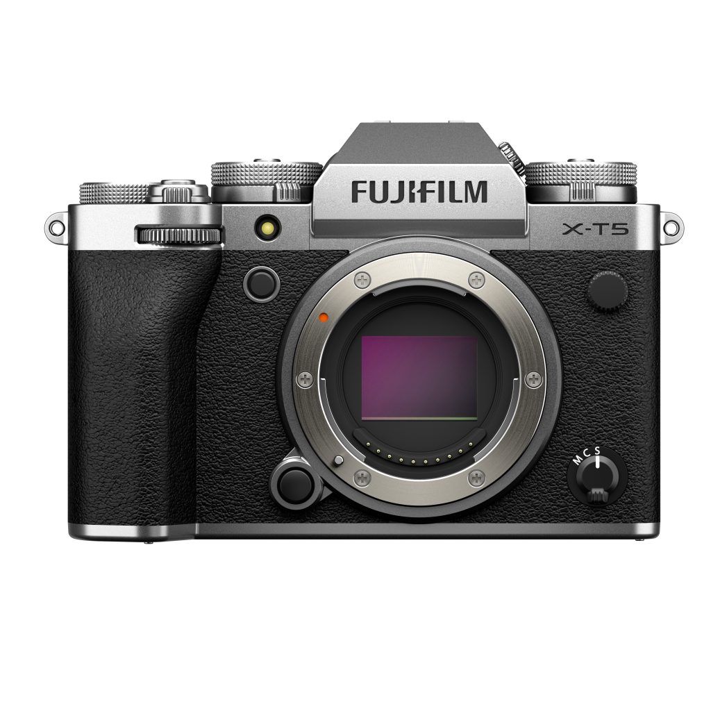 Black and silver Fujifilm X-T5 body without lens