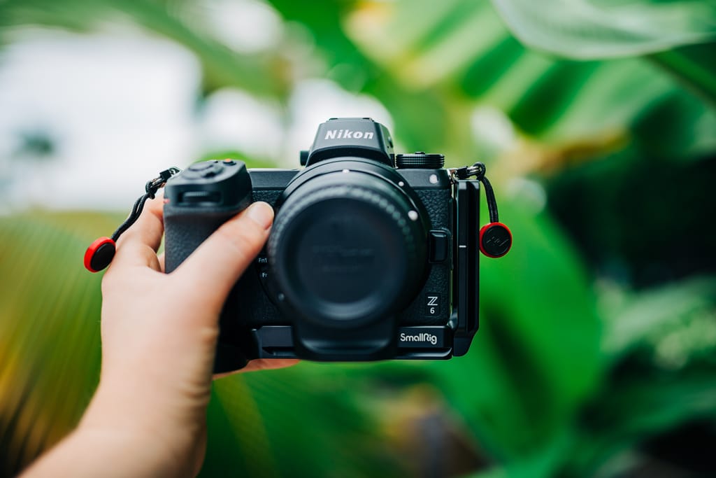 nikon camera in hand with green background
